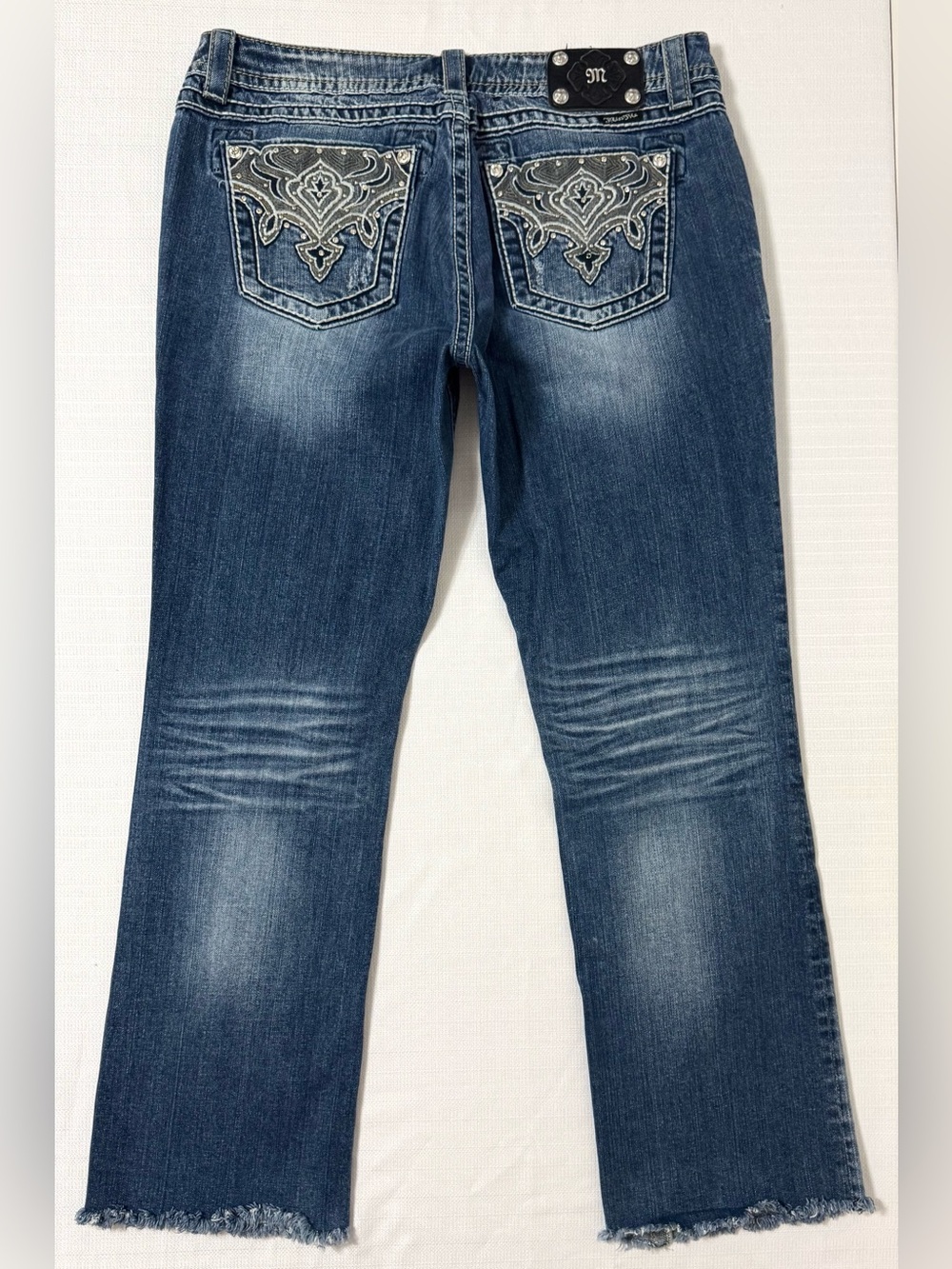 Miss Me Easy Boot Jeans Embroidered Rhinestones Raw Hem Cowgirl Size 31 (35X31)